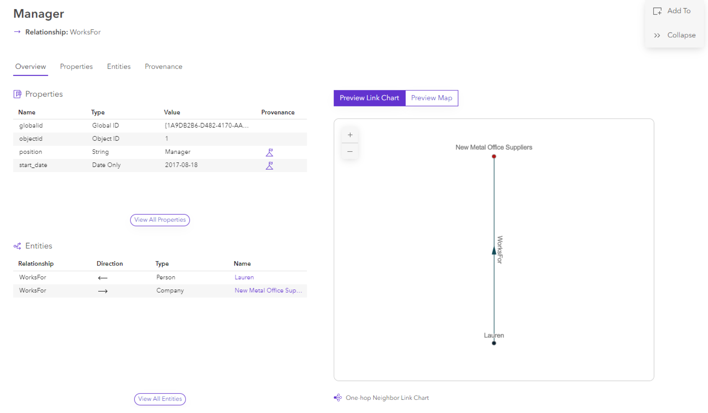 Overview tab of a relationship entity card Overview tab of a relationship entity card